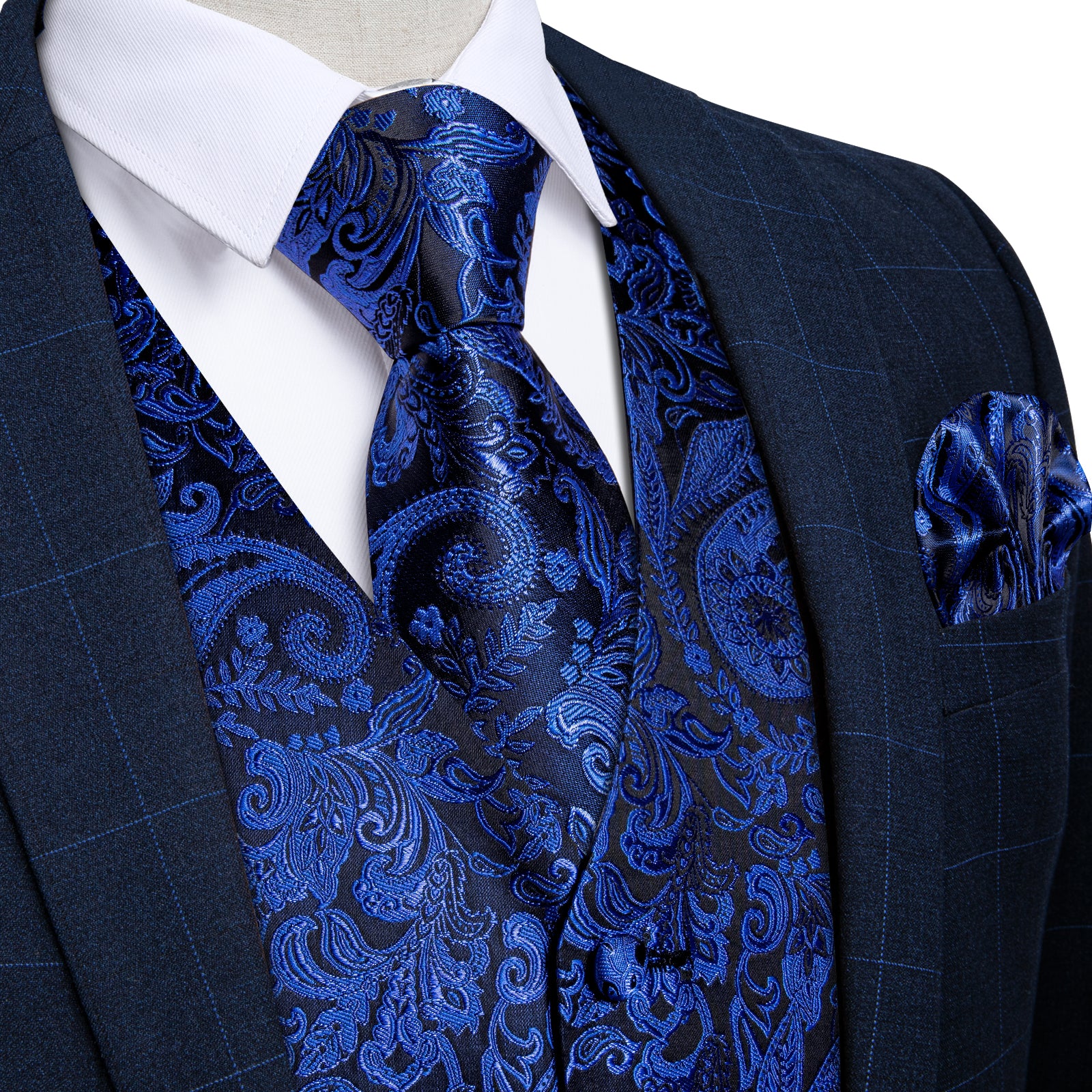 Dibangu Mens Dress Vest Blue Paisley Silk Vest Tie Suit Set for Work