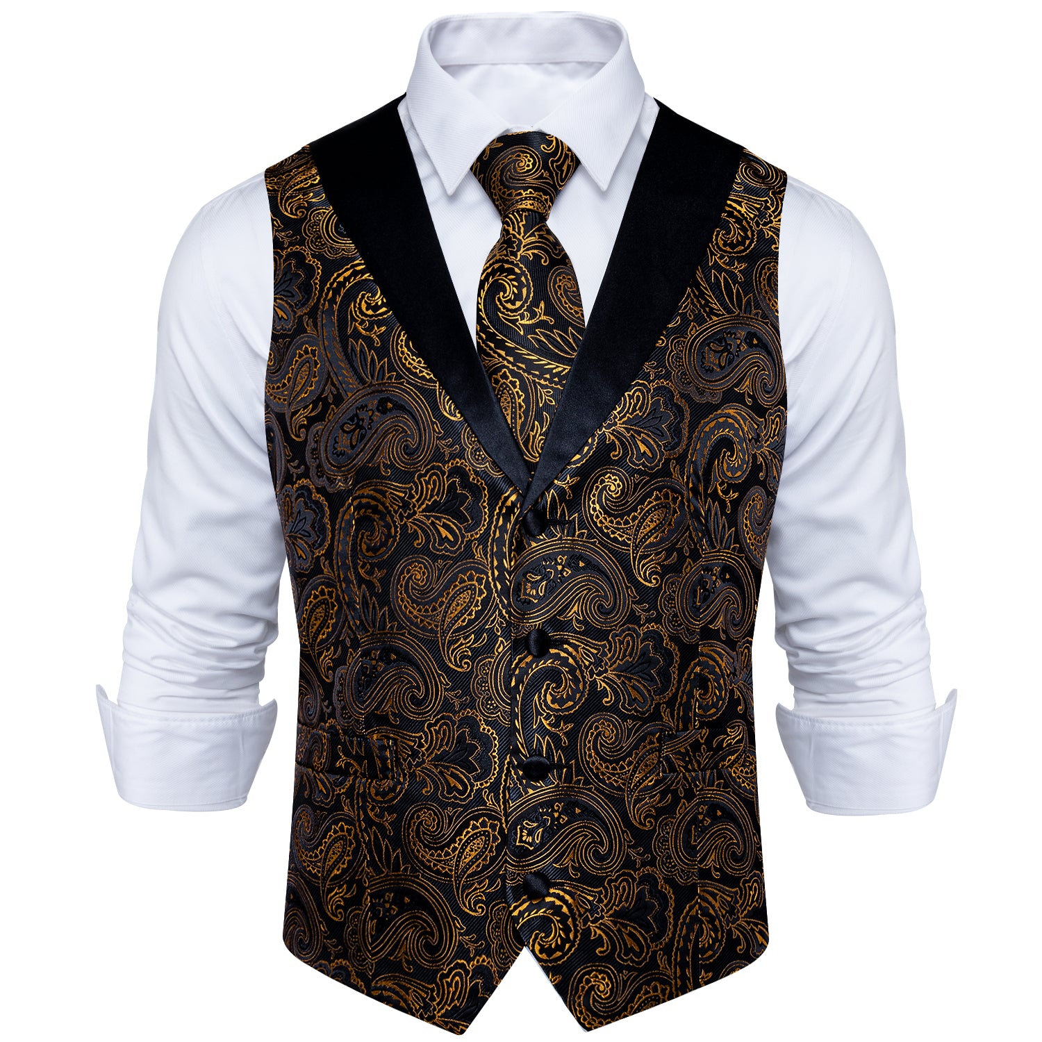 Black Gold Paisley Jacquard V Neck Waistcoat Vest Tie Handkerchief Cufflinks Set, S Black Gold Paisley Jacquard V Neck Waistcoat Vest Tie Handkerchief Cufflinks Set, S
