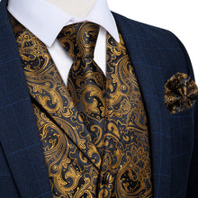 Golden Floral Jacquard V Neck Waistcoat Vest Necktie Handkerchief Cufflinks Set