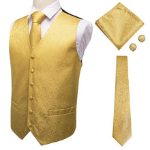 yellow floral mens silk vest tie pocket square cufflinks set