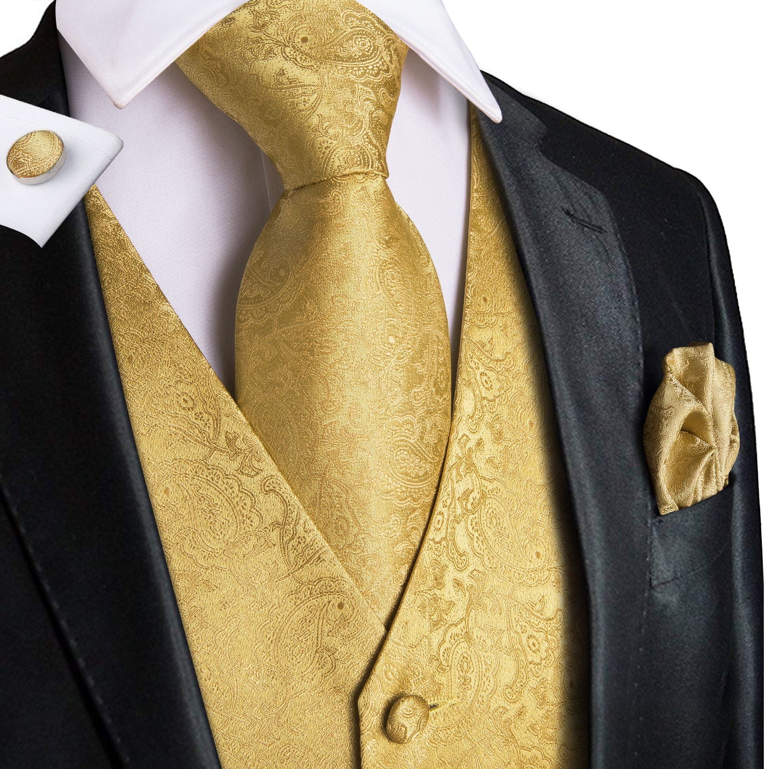 Men's Gold Paisley Jacquard Silk Vest Tie Pocket Square Cufflinks Set, XXXL Men's Gold Paisley Jacquard Silk Vest Tie Pocket Square Cufflinks Set, XXXL