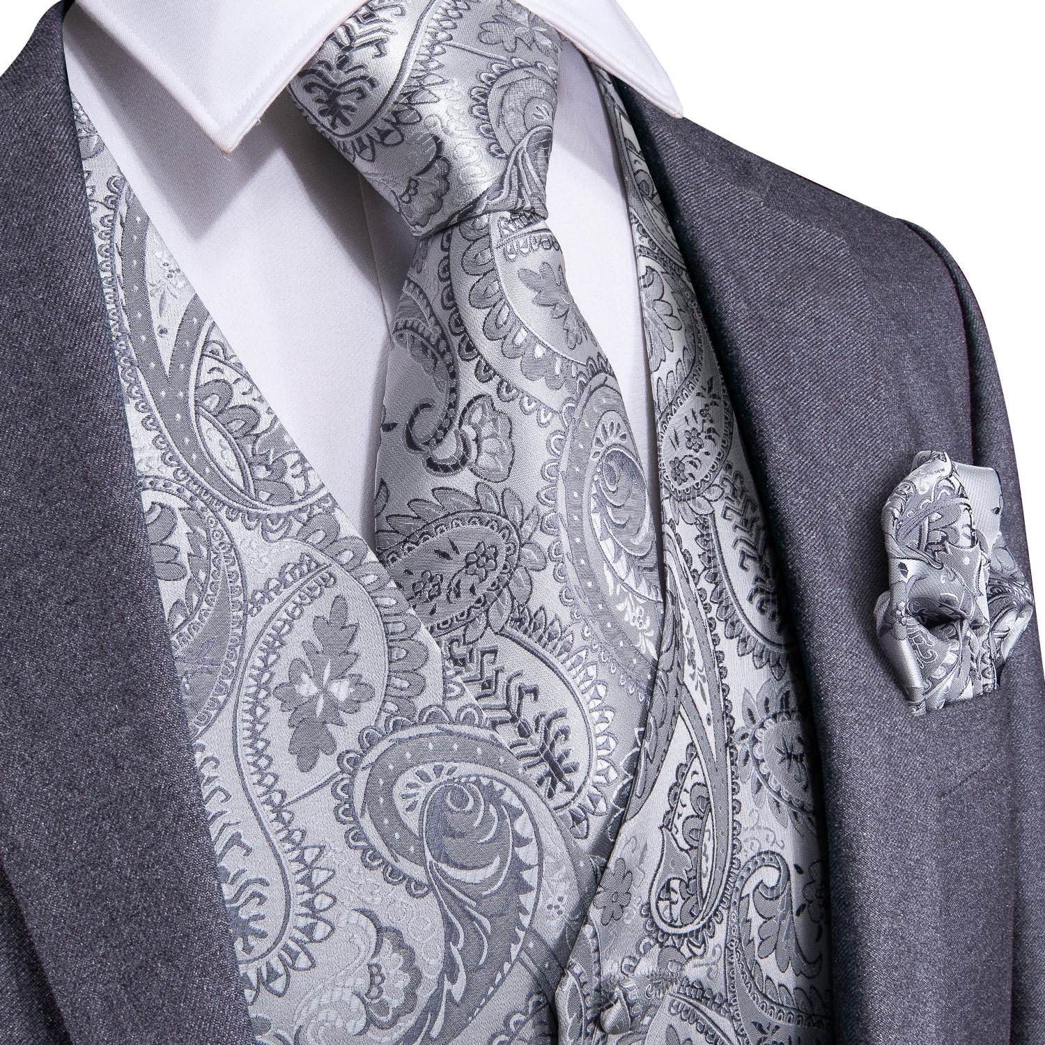 Men's Grey Paisley Jacquard Silk Vest Tie Pocket Square Cufflinks Set, XXL Men's Grey Paisley Jacquard Silk Vest Tie Pocket Square Cufflinks Set, XXL