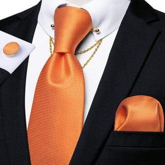 silk plaid orange mens tie handkerchief cufflinks set and Collar Pin for wedding