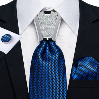 Blue Geometric Tie Handkerchief Cufflinks Accessory Set