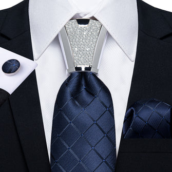 Men's Tie Blue Plaid Silk Tie Hanky Cufflinks Accessory Tie Ring Set