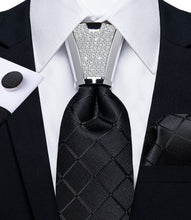 Men's Tie Black Plaid Silk Tie Handkerchief Cufflinks Accessory Set 4PC