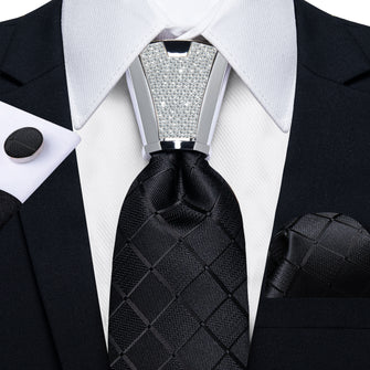 Men's Tie Black Plaid Silk Tie Handkerchief Cufflinks Accessory Set 4PC