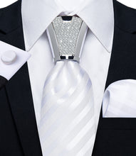 Men's Tie White Striped Silk Tie Handkerchief Cufflinks Ring Accessory Set
