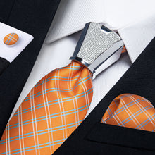 high quality silk plaid blue white burnt orange tie pocket square cufflinks set with mens tie accessory ring set