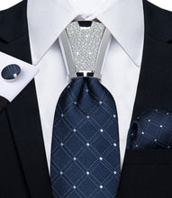 4PCS Dark Blue plaid Silk Men's Tie Handkerchief Cufflinks Accessory Set
