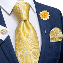 Yellow Floral Silk Men's Necktie Handkerchief Cufflinks Set With Lapel Pin Brooch Set