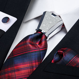 classic red blue black striped plaid silk mens neck tie pocket square cufflinks set with tie accessory ring set for father's day gift