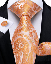 silk mens paisley orange neck tie handkerchief cufflinks set