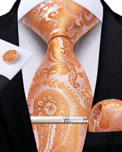 silk mens paisley light orange pattern tie pocket square cufflinks set with tie ring for dress suit