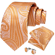 silk paisley orange tie handkerchief cufflinks set for mens suit