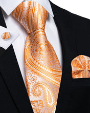 silk paisley orange tie handkerchief cufflinks set for mens suit