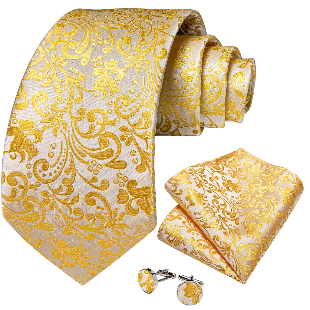 Dibangu Champagne Tie Gold Floral Men's Tie Handkerchief Cufflinks Set