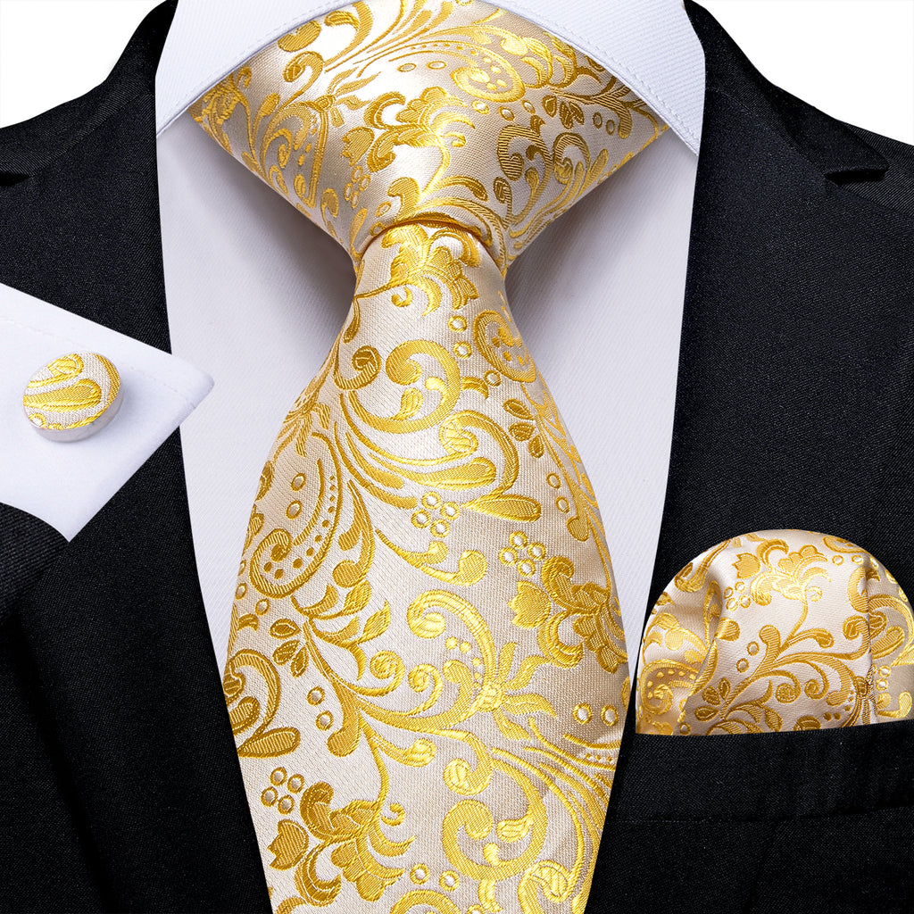 Dibangu Champagne Tie Gold Floral Men's Tie Handkerchief Cufflinks Set