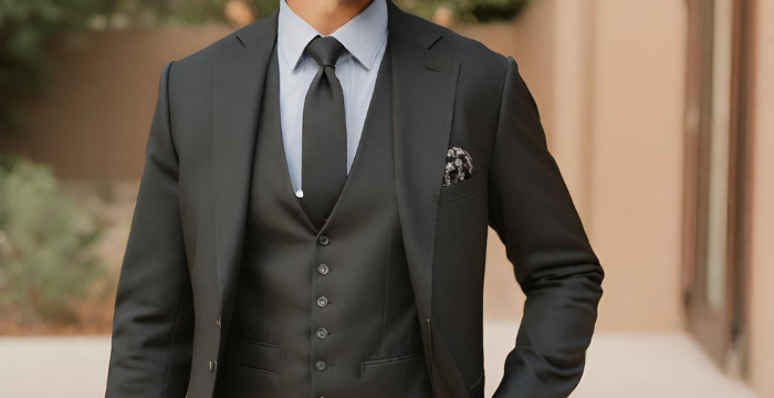 black vest with black suit
