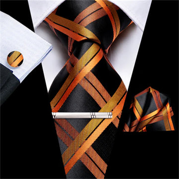 Yellow Black Plaid Tie Hanky Cufflinks Clip Set