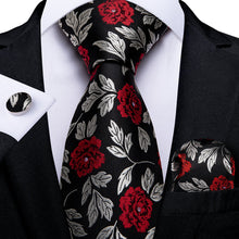 Black Floral Tie Pocket Square Cufflinks Set