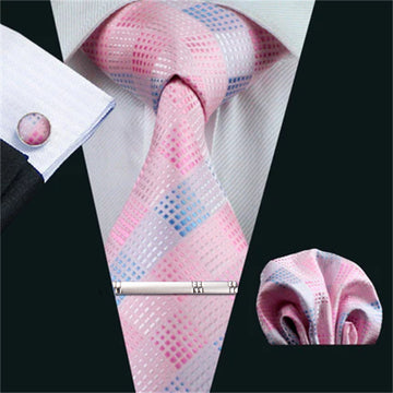 Pink Blue Plaid Tie Clip Set