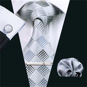 Pearl White Plaid Tie Pocket Square Cufflinks Clip Set
