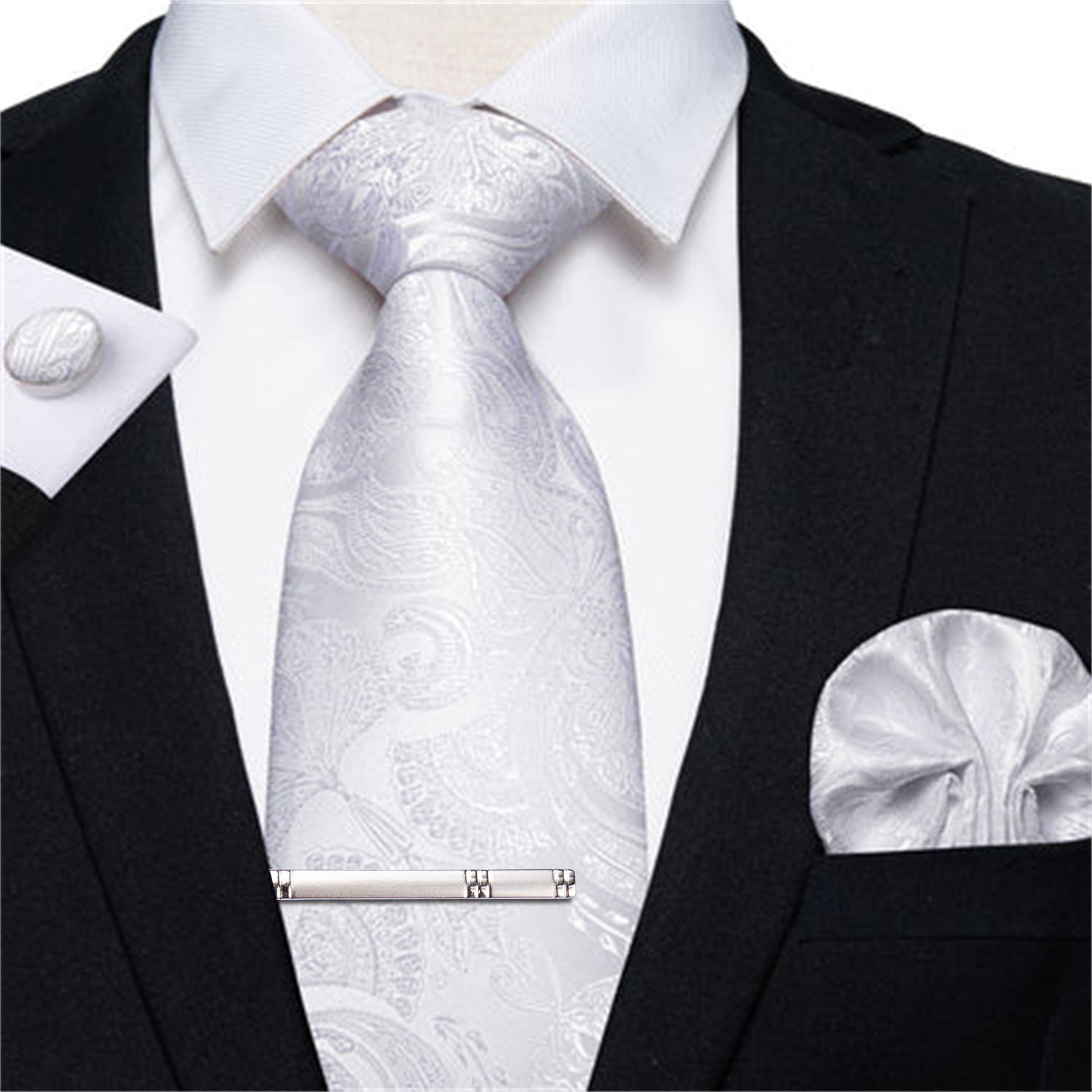 Silver pattern Tie Hanky Cufflinks Clip Set