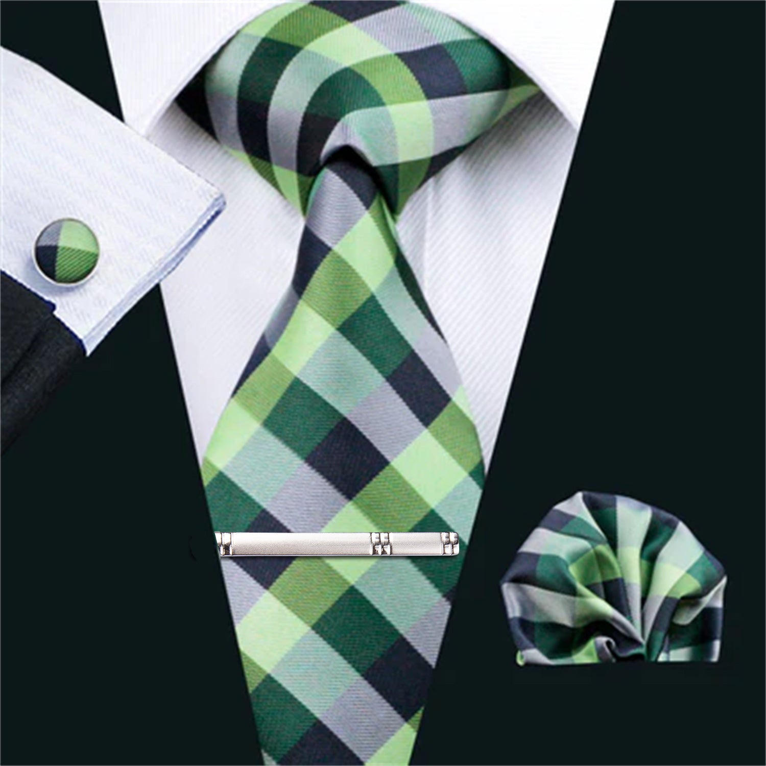 Fresh Green Plaid Tie Handkerchief Cufflinks Clip Set