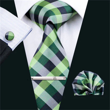 Fresh Green Plaid Tie Handkerchief Cufflinks Clip Set