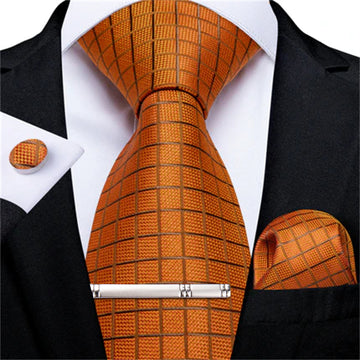 Orange Plaid Tie Pocket Square Cufflinks Clip Set
