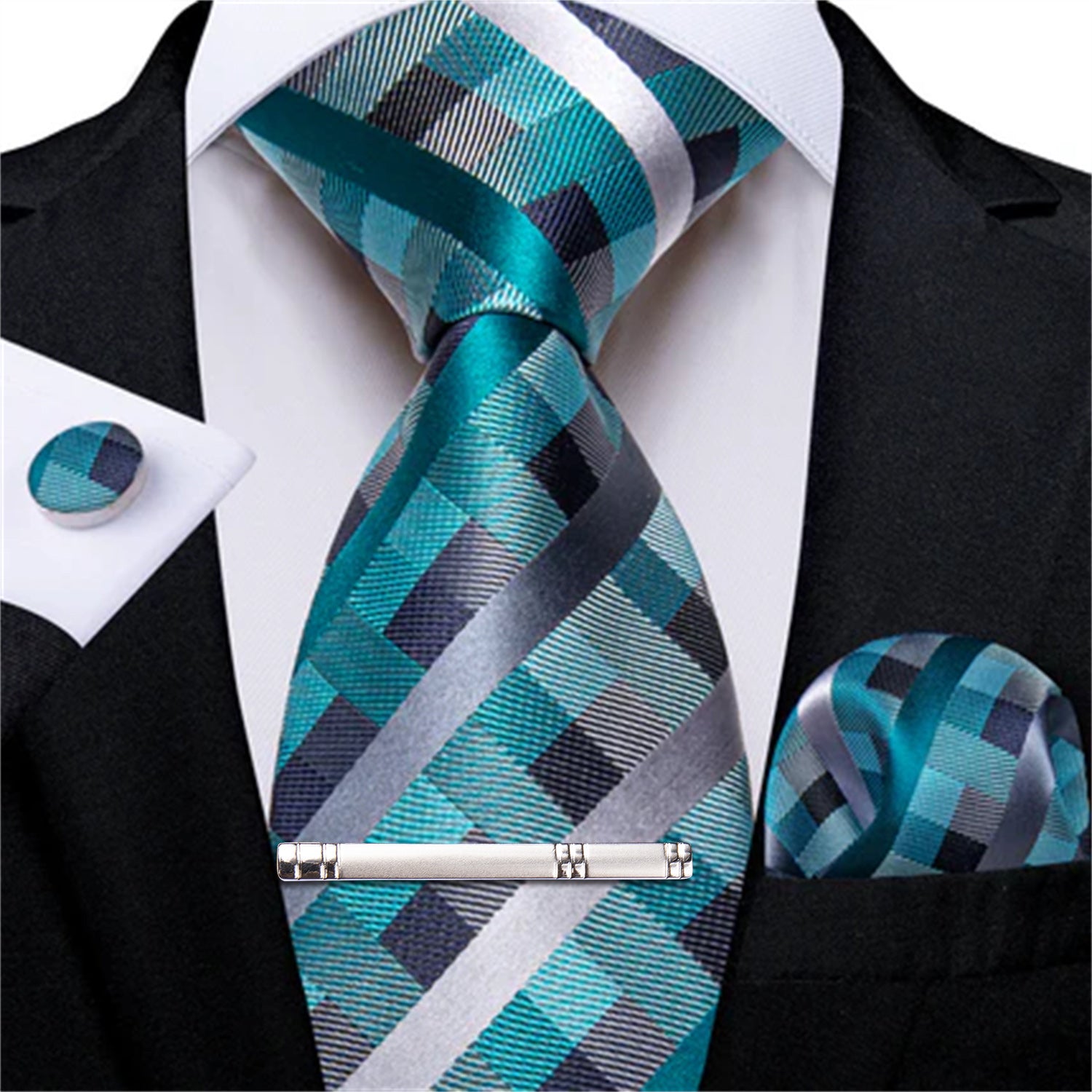 Blue Stripe Lattice Men's Tie Handkerchief Cufflinks Clip Set