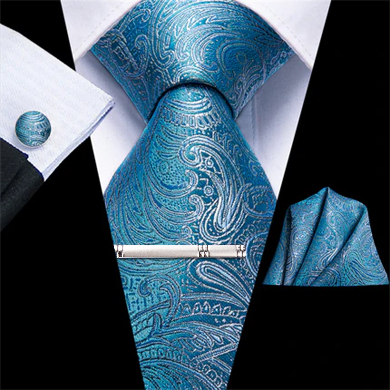Tasty Blue Paisley Tie Pocket Square Cufflinks Clip Set