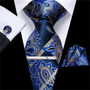Blue Floral Tie Pocket Square Cufflinks Clip Set