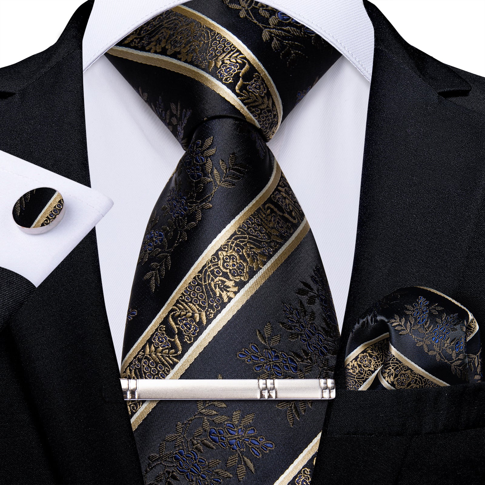 Black Golden Floral Stripe Men's Tie Handkerchief Cufflinks Clip Set