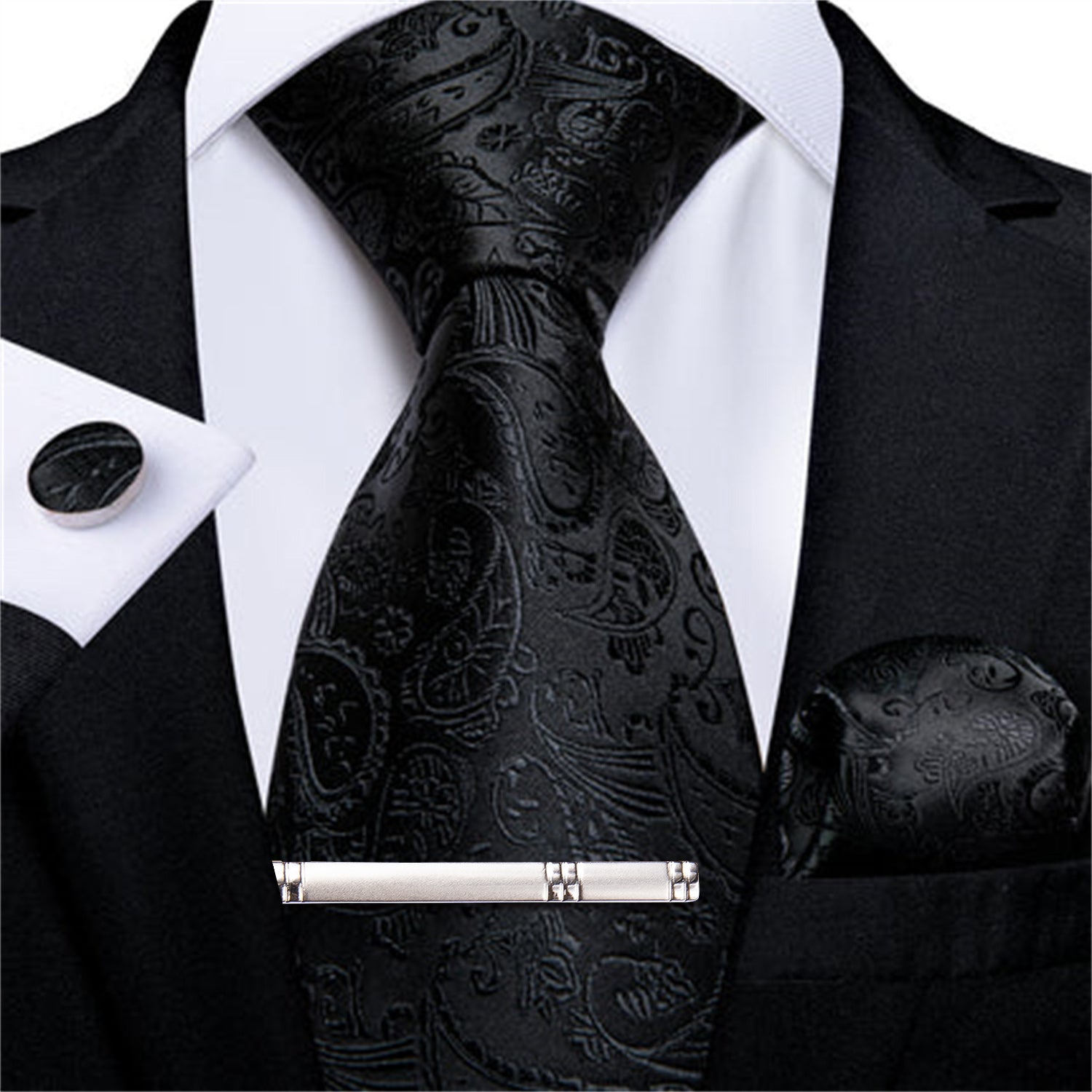 Classic Black Floral Necktie Pocket Square Cufflinks Clip Set