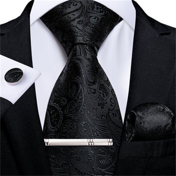 Classic Black Floral Necktie Pocket Square Cufflinks Clip Set