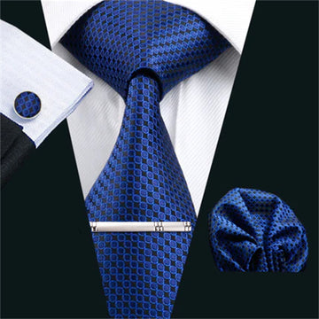 Navy Blue Geometric Tie Pocket Square Cufflinks Clip Set