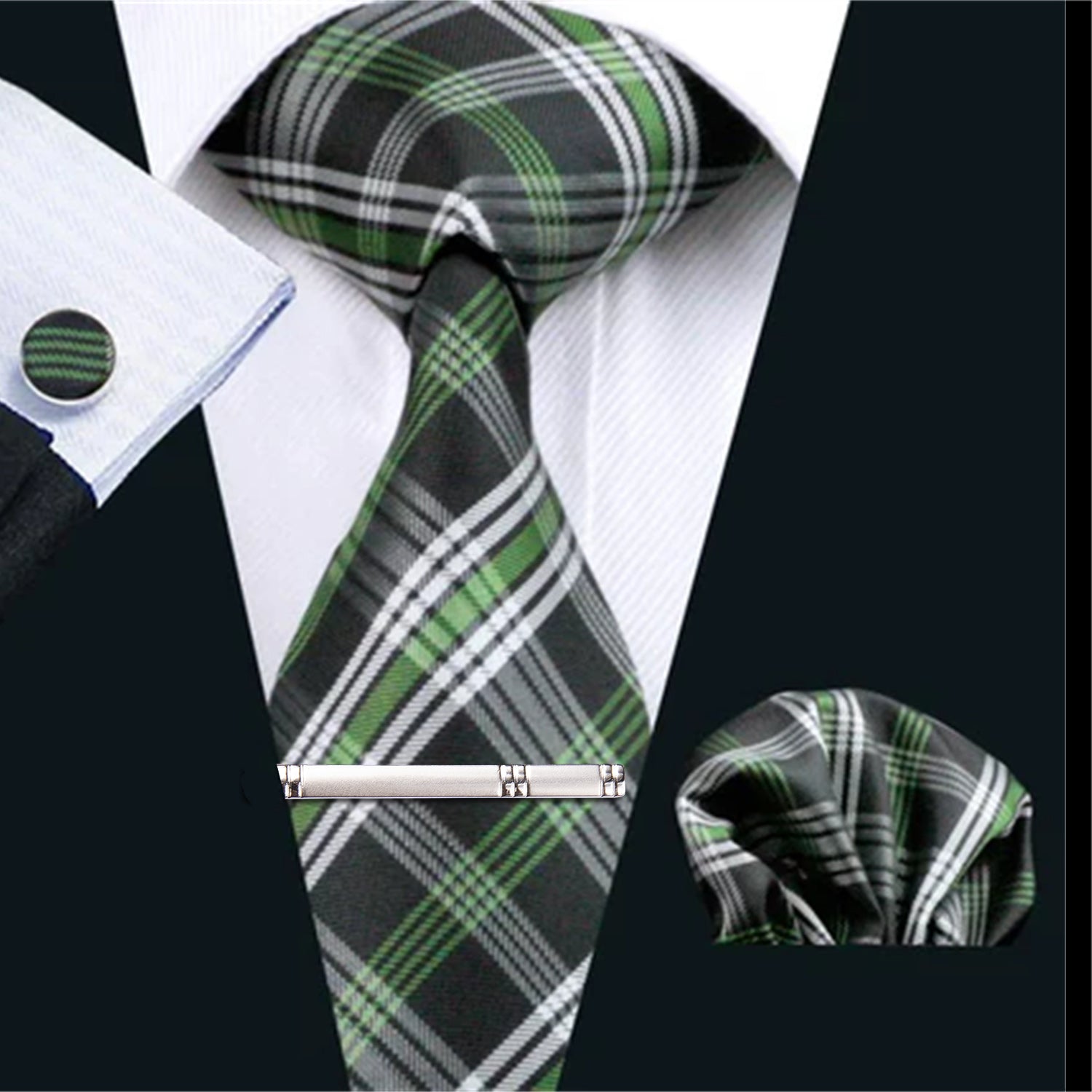 Green Black Plaid Tie Pocket Square Cufflinks Clip Set