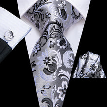 Awesome Grey Floral Tie Hanky Cufflinks Set