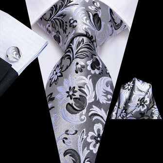 smoke grey black white floral ties pocket square cufflinks set