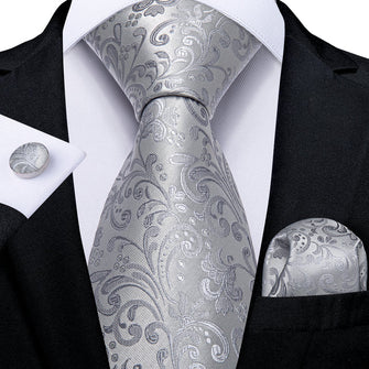 Grey Floral Tie Hanky Cufflinks Set