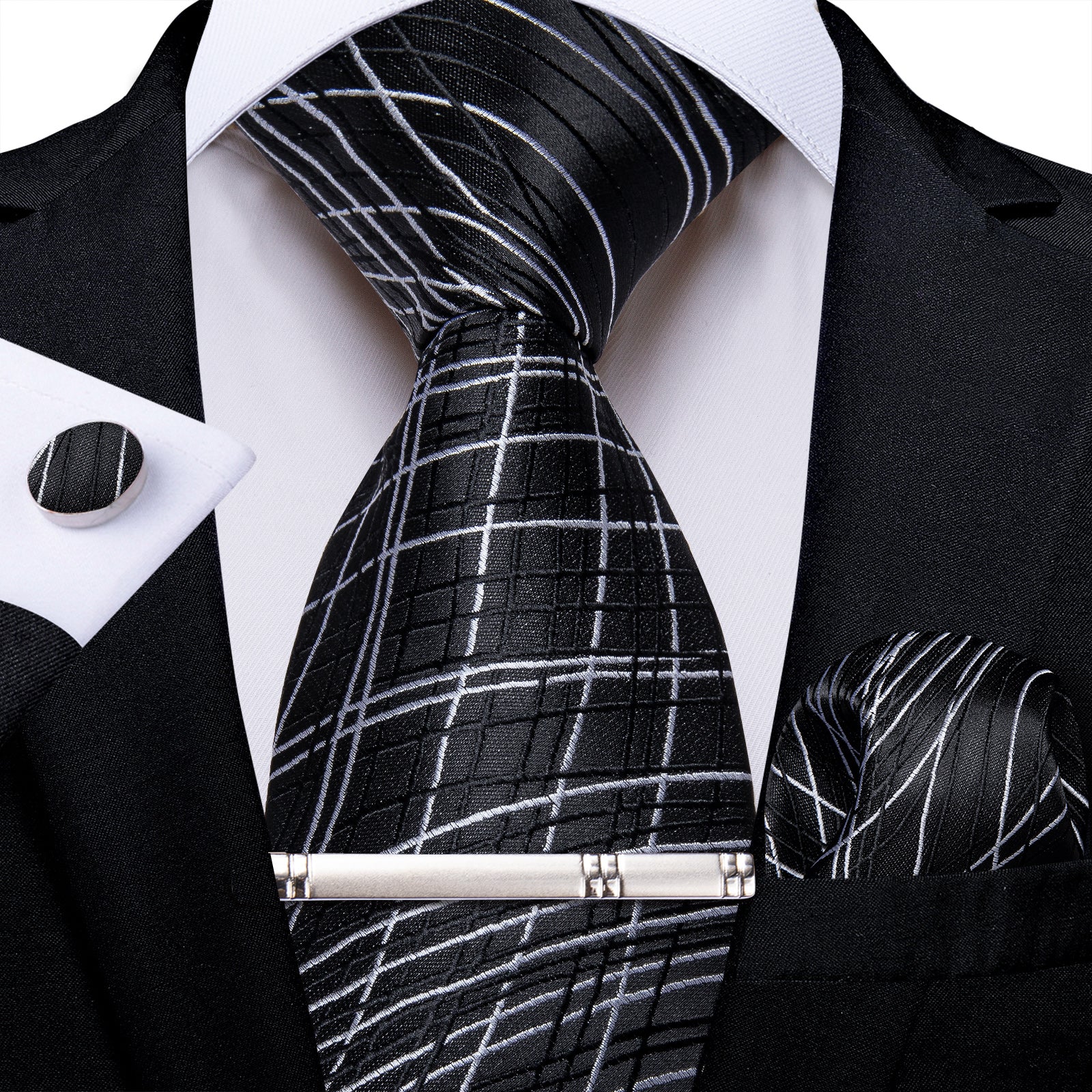 Black White Striped Men's Tie Handkerchief Cufflinks Clip Set