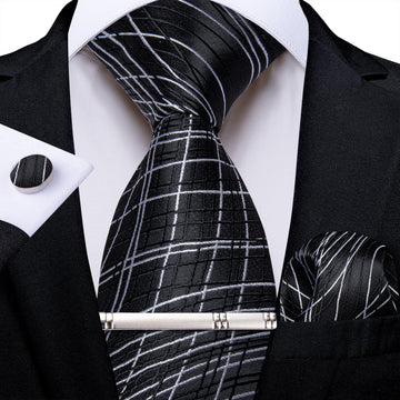 Black White Striped Men's Tie Handkerchief Cufflinks Clip Set