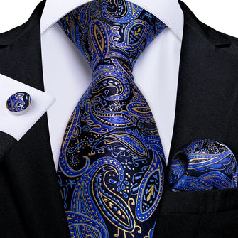 Blue Black Paisley Tie Handkerchief Cufflinks Set