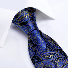 Blue Black Paisley Tie Handkerchief Cufflinks Set