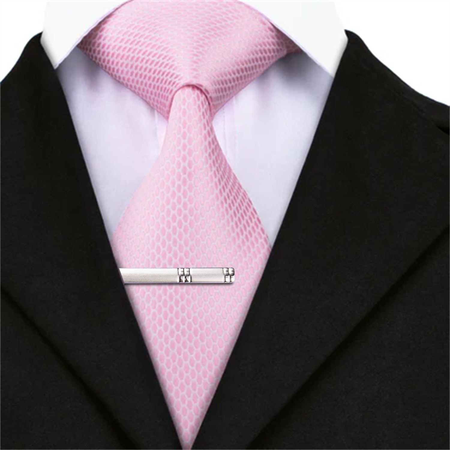 Lovely Pink Geometric Tie Handkerchief Cufflinks Clip Set