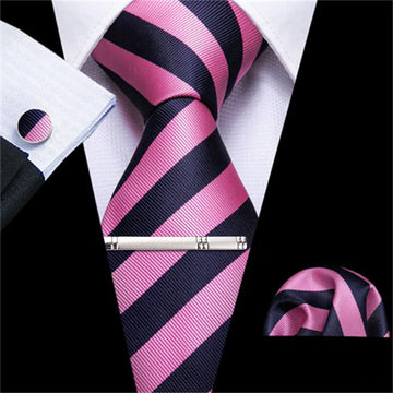 Fantasty Pink Striped Tie Pocket Square Cufflinks Clip Set
