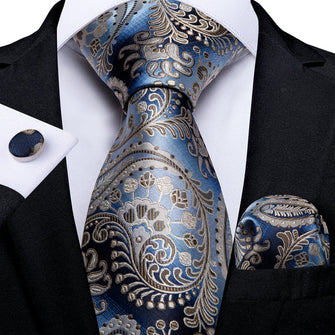 Blue Brown Silk Paisley Tie Hanky Cufflinks Set