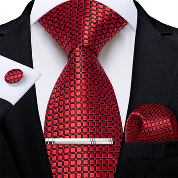 Red Lattice Men's Tie Handkerchief Cufflinks Clip Set